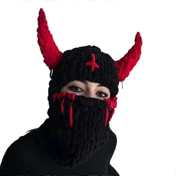 Elastisk strikket balaklava med horn-dekor, varm helhode-dekke tilbehør for voksne rollespill