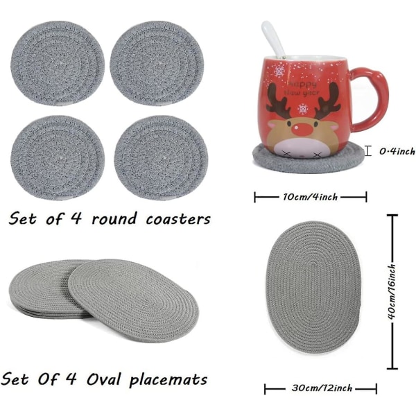 4-pack ovala vävda placemats 12 x 16 tum Weavn bomullsplacemats med 4-pack runda tygunderlägg (grå)