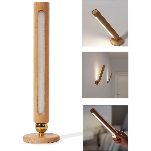 360 Roterbar træ-led-væglampe, magnetisk aftagelig trinløs dæmpbar genopladelig væglampe, soveværelse