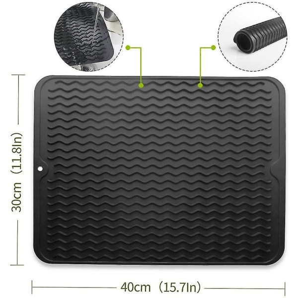 Silikontømmematte, stor silikonvaskematte, rillet oppvaskmatte for plassering av bestikk og tallerkener (svart, 40 * 30 cm