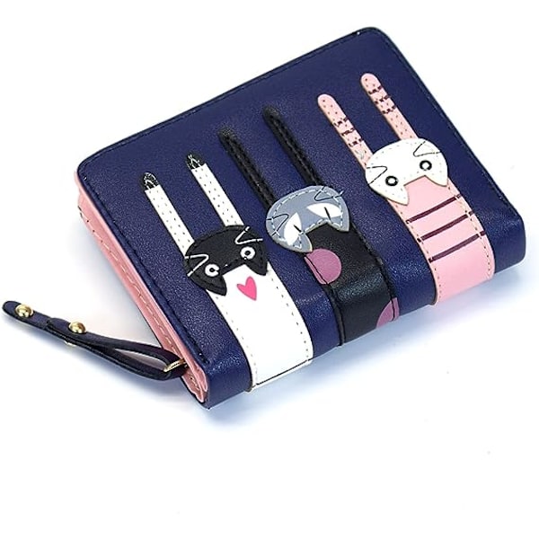 Mini konstläder Bifold söt 3 katt dragkedja koppling plånbok handväska för kvinnor flickor