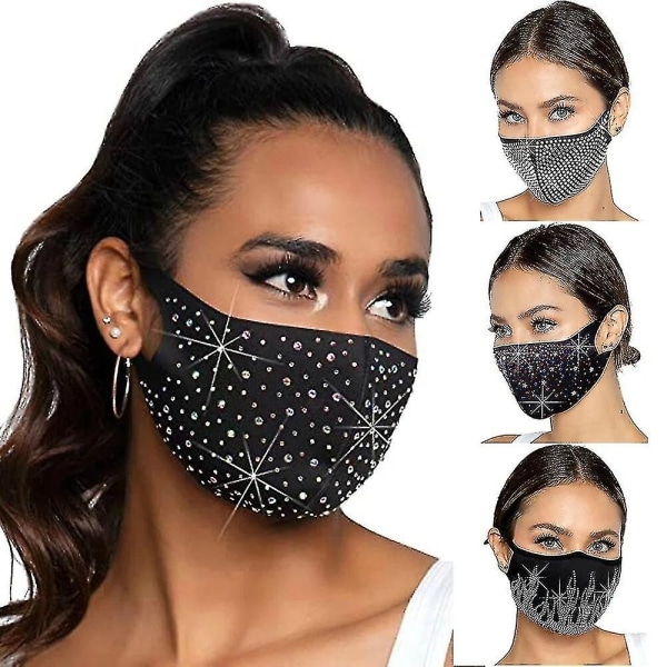 2 stk mote glitrende rhinestone maske elastisk gjenbrukbar vaskbar mote ansiktsdeksel smykker dekorasjonsmasker--d