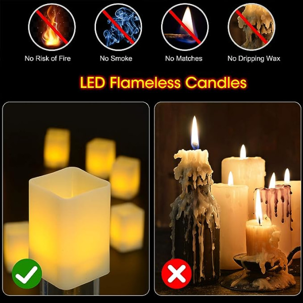 Te-lys med timer, batteridrevne flimrende flammefri, 12 stk. varmt hvitt LED firkantede votivlys med timer for bryllupsfest, festival Bi