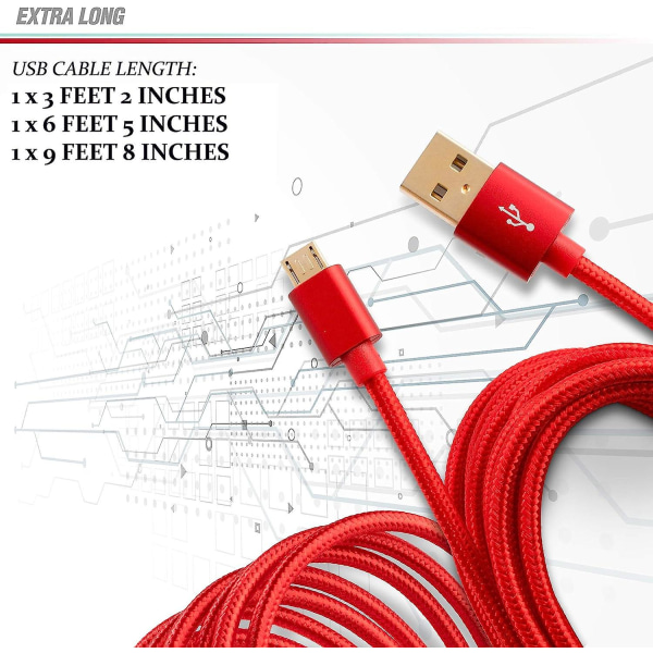 Röd 1, 2 och 3 meter snabbladdnings- och dataöverföringskabel för Samsung Galaxy Tab A 2016, A 80, E LTE, SM T280QZ, SM T580N, SM T58