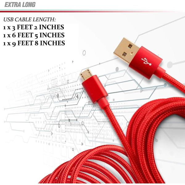 Rød 1, 2 og 3 meter raskere lade- og dataoverføringskabel for Samsung Galaxy Tab A 2016, A 80, E Lte, Sm T280qz, Sm T580n, Sm T58