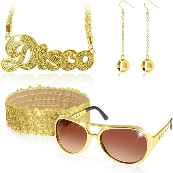 4 Stykker 70'er Disco Tilbehør, Discokugle Øreringe, Disco Halskæde Pandebånd, Disco Kostume Sæt med Sequins Sjal Solbriller, 70'er