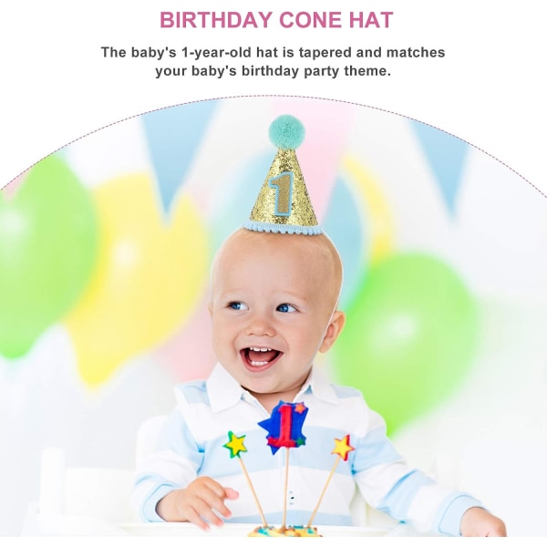 1-års hatt Glitter Cone Hat Justerbar Tiara pannband Sparkle Princess Birthday Hat för Baby Girl Pojke，Kommer med en tårta ins