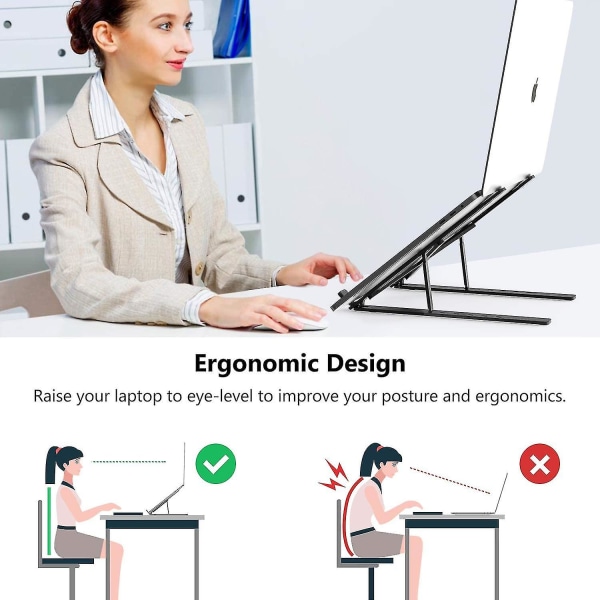 Bærbar PC-stativ, 6 vinkeljusterbart ventilert aluminiumsstativ for bærbar PC, ergonomisk sammenleggbar fang