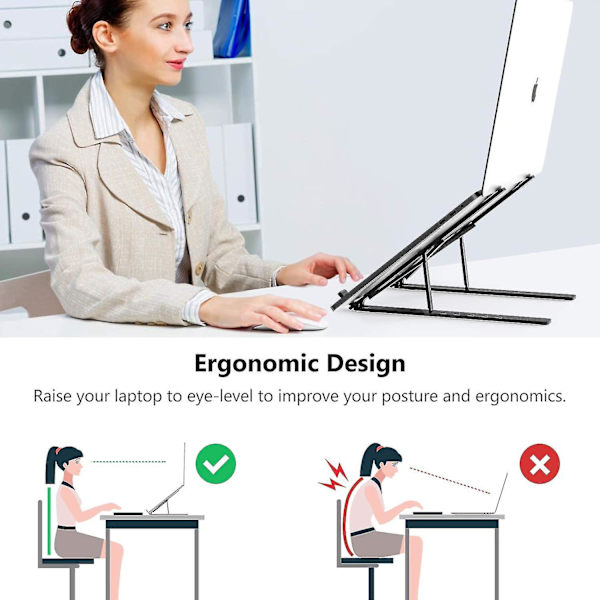 Laptopstativ, 6 vinklar justerbart ventilerat aluminium laptopstativ, ergonomiskt hopfällbart knä