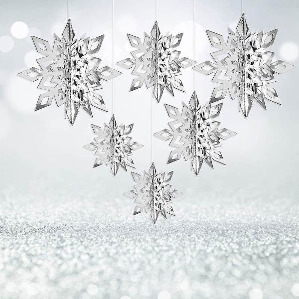 12 stykker 3d snøfnugg hengende krans med snor til jul Winter Wonderland dekorasjoner, sølv