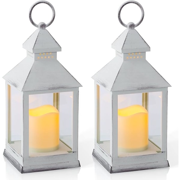 2 kpl valkoisia vintage -lyhtykoristeisia kynttilälyhtyjä, joissa on ajastinparistokäyttöiset LED-värähtelyt liekettömät kynttilälyhdyt sisä-ulkopöydälle