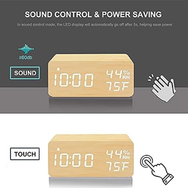 Trådlös digital väckarklocka i trä med trådlös laddning, 3 larm LED-display, ljudkontroll och snooze-funktion för sovrum, sängbord, kontor (svart)