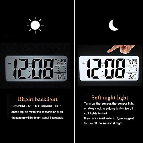 Dekorativ Digital Klocka, Multifunktionell LCD Elektronisk Klocka med Stor Skärm Batteridriven, Bakgrundsbelysning Sensor Touch LED Väckarklocka med Tid Temperatur