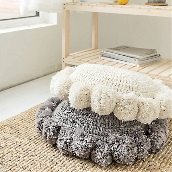 Pyöreä boho-tyylinen tyyny pomponeilla, makrame-tyyny lattiatyyny kudottu heittotyyny