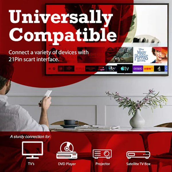 Skjermet Scart-kabel, gullbelagt hann til hann, Rgb 21-pin Scart-ledning for Av-lyd- og videokobling for TV, Sky, Vcr, Dvd-spiller