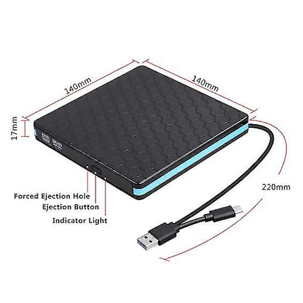 Extern DVD-enhet, USB 3.0 Typ C CD-enhet, Dubbelports DVD-spelare, Bärbar optisk brännare/skrivare/omskrivare, Hög Hastighet Dataöverföring