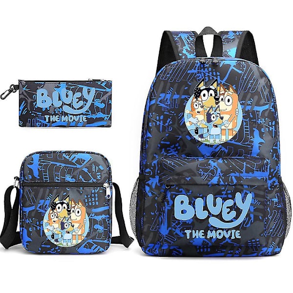 Blå Bluey tredelt skolesekk Blue Flower 5