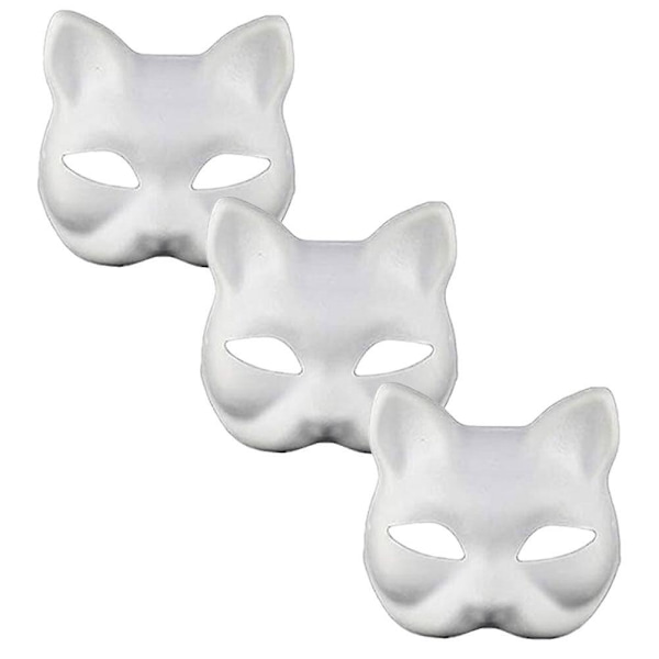 3 st Kattmasker för Maskeradkostym, Omålade Pappersmasker, Omålade Kattmasker