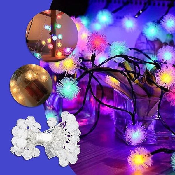 Dandelion Fairy String Lights Furry Snowball Light 2 valaistustilaa Paristokäyttöinen merkkivalo, Snow Pompom Lyhty tee-se-itse hääjuhliin Makuuhuone P