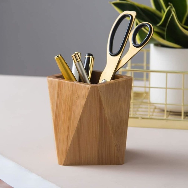 Bamboo Wooden Desk Pen Pencil Holder For Kids Stand Geometric Wood Pencil Cup Pot Desk Tidy