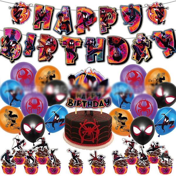 Spider-man Miles Morales Barn Bursdagsfestutstyr Ballonger Bannerkake Cupcake Toppers Dekorasjonssett