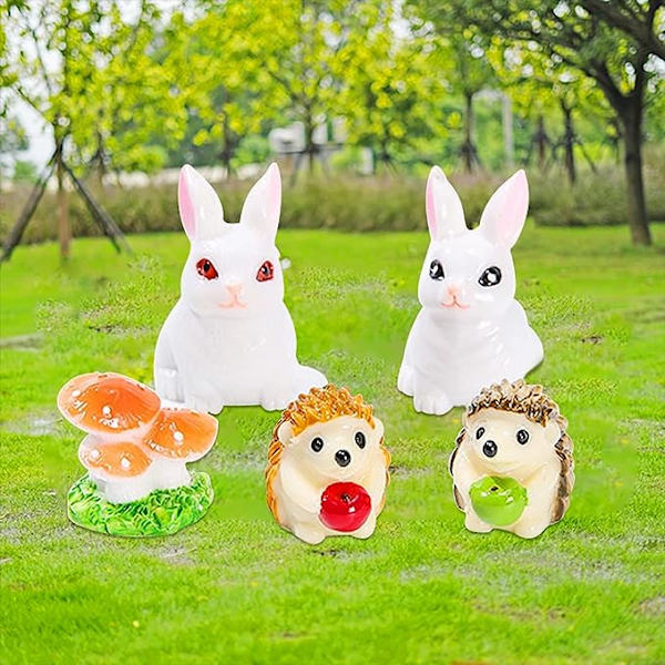 5 st Miniatyr Kaninfigurer Harts Mini Igel och Svamp Mikrolandskapsdekoration Fairy Garden Tillbehör för Skrivbord Mikrolandskap Växtkrukor