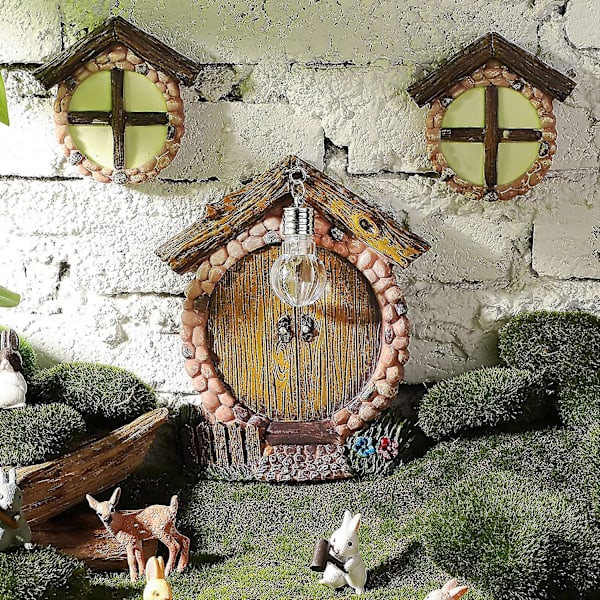 Miniatyr Gnome-Hem Fönster och Dörr med Lampa för Träd - Glöder i Mörkret Dörr och Fönster