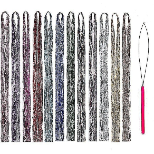 Hår Tinsel Kit Tråde Med Værktøj 47inch 12 Farver Tråde Fe Hår Tinsel Kit Hår Ext