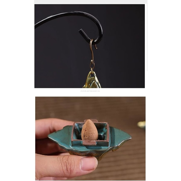 Keramisk Hængende Røgelsebrænderkugle med Krog, Tilbageflydende Hule Kegle Røgelseholder, Røgelse Vandfald Brænder til Hjem Ornament Dekoration (Bjerg)
