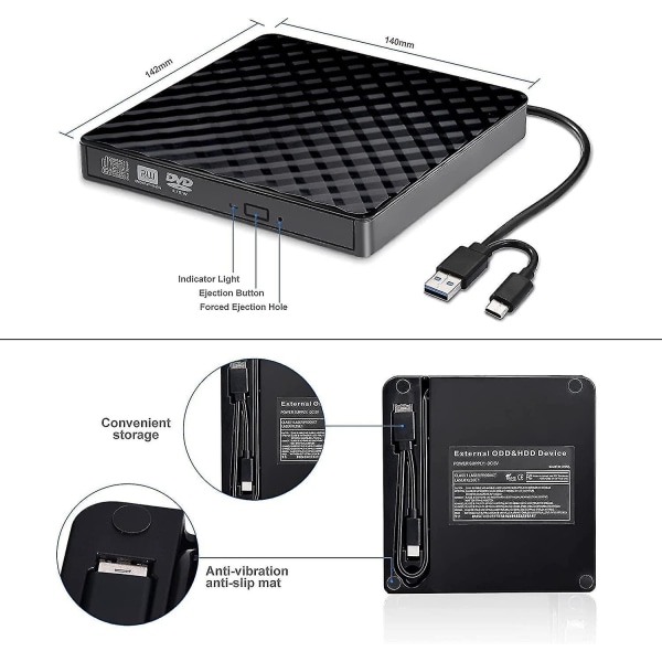 Extern DVD-brännare med USB 3.0, Kvadratmönster, Bärbar Optisk Enhet för Laptop, Extern Recorder