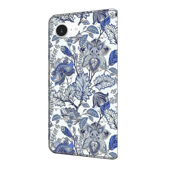 För iPhone 16e Läderfodral Mönstertryck Plånboksställ Flip Telefonfodral Blue Flower Bush