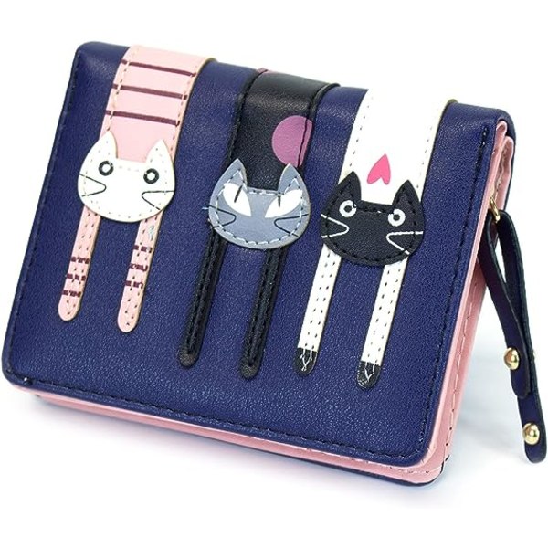 Mini kunstskinn Bifold Cute 3 Cat glidelås Clutch lommebok håndveske for kvinner jenter