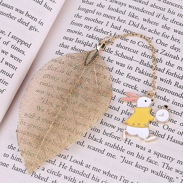 Metal Bookmark Handmade Golden Metal Leaf Bookmarks, Delicate Cartoon Page-Marker Gold Leaf Bookmark with Cute Pendant (Alice/Rabbit/Clock), Exquisite