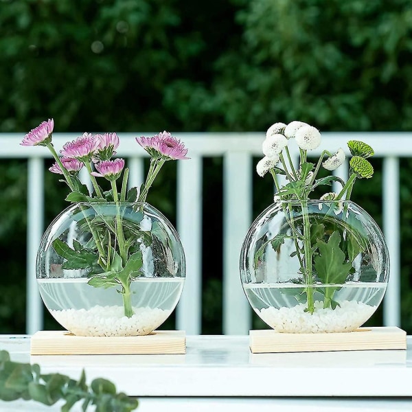Pöytäkoneen pyöreä lasiistutusterraario-kukkamaljakko puutelineellä lisääntymiselle hydroponisille kasveille