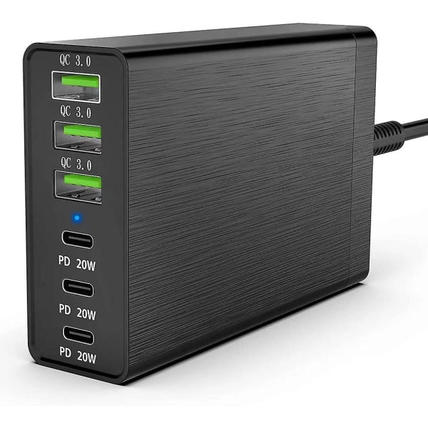 96w 6-ports stasjonær USB-ladestasjon med 3 usb-c-porter og Qc3.0-porter, 20w hurtiglader Eu Plus