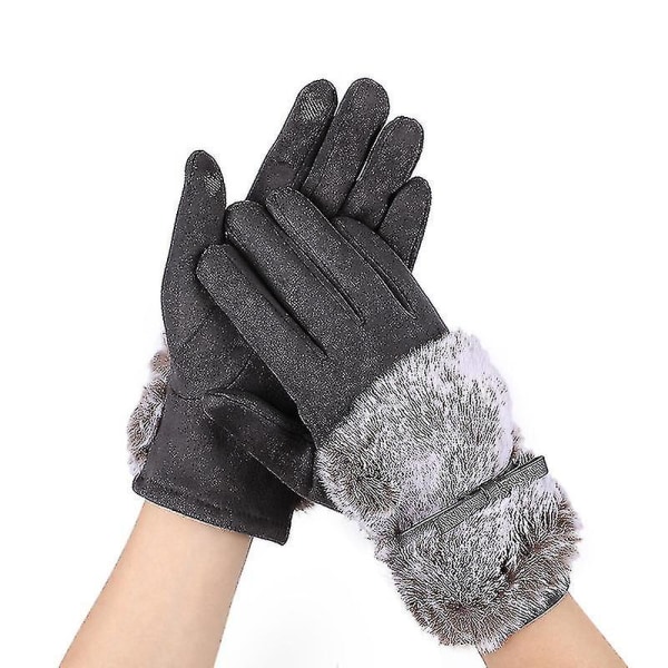 Mode efterår og vinter Dame Warm Plus Velvet Vindtætte Ridehandsker Kold Touch Screen Søde Split Finger Plys Handsker (1 sæt, Grå)