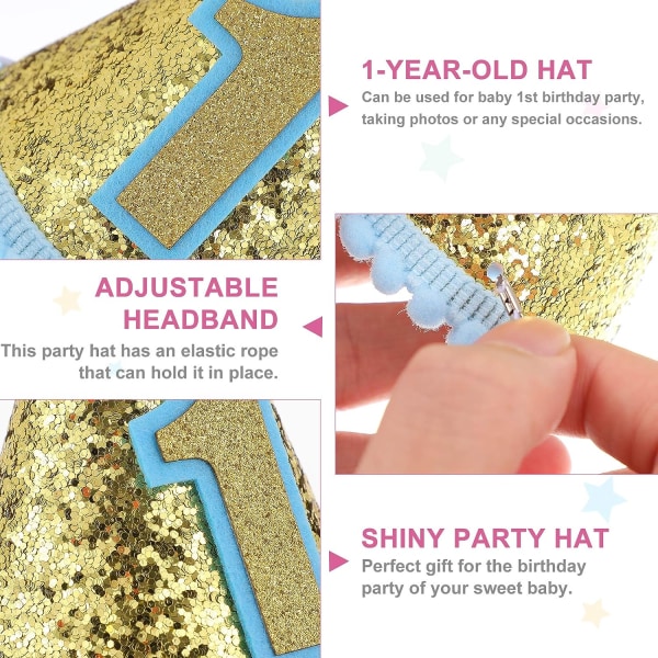 1. fødselsdag Hat Glitter Cone Hat Justerbar