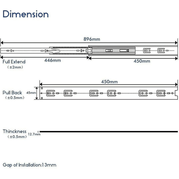 Kuglelejeskuffeskinner Softclose 450mm, Høj Belastningskapacitet 45 Kg, 5 Par (4 Stykker)