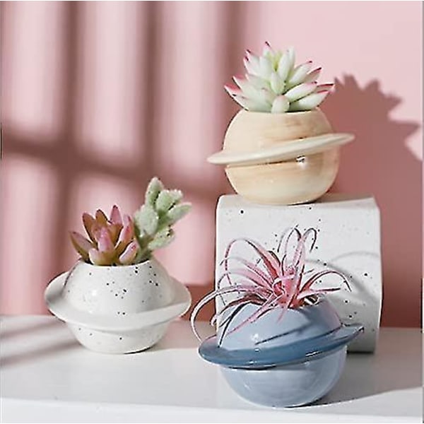 Sett med 2 keramiske blomsterpotter - For sukkulenter - Kreativ - Mini Planet - Dekorativ blomst
