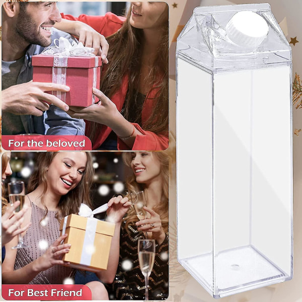 2-pack transparent mjölkförpackningsvattenflaska återanvändbar fyrkantig mjölkflaska för mjölkdryck juice (500 ml)