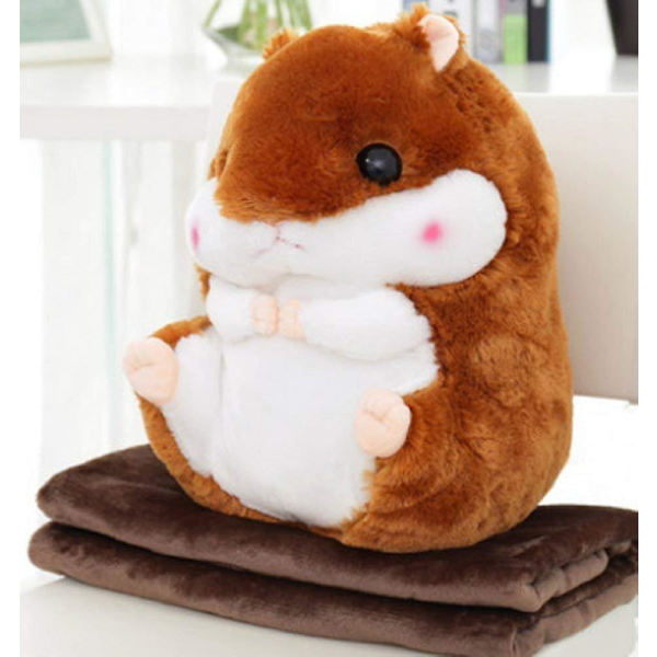 Söt hamster som gömmer en kudde och en mjuk filt inuti, söt prydnadskudde 50*30, filt 1*1,7 m mörkbrun