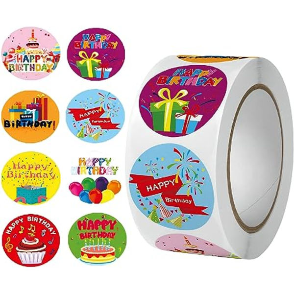Fødselsdagsstickere 1\" 500 stk. i 1 rulle til fødselsdagspynt, festartikler, skolekort, forseglingsmærker, 8 designs, konvolutforsegling, gaveindpakning (1 tomme