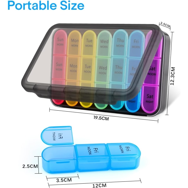 7 day Pill Box Organiser 3 Times Daily Medicine Storage Box, Week Medication Tablet Organizer Moisture-Proof BPA Free Travel Dosette Box Dispenser Cas