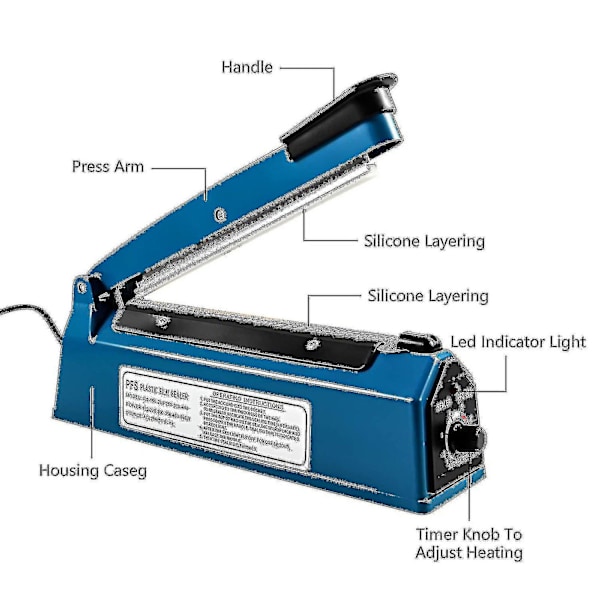 200 mm värmeförseglingsmaskin plastpåseförseglingsmaskin pulsförseglingsmaskin blå vakuummatförsegling