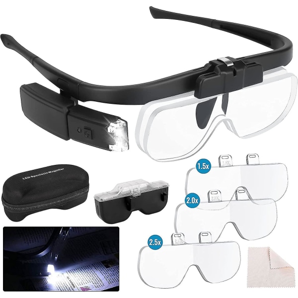 Pannbandsförstoringsglasögon med ljus, handsfree LED belyst huvudmonterad förstoringsglas med 3 löstagbara linser