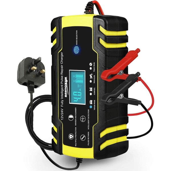 12V/24V 8Amp Automatisk Batteriladdare med 3-stegs Laddning, 6 Laddningslägen och LCD-skärm, Intelligent Laddning, Reparation, Underhåll