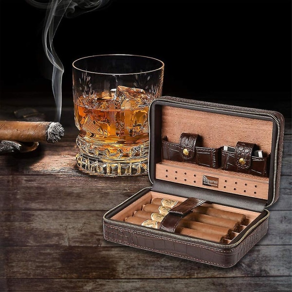 Ctmw Læder Rejse Cigar Humidor Etui, Bærbar Cedertræ Med Luftfugtighedsfugter Luftfugtighedsfugter Til 4 Cigarer