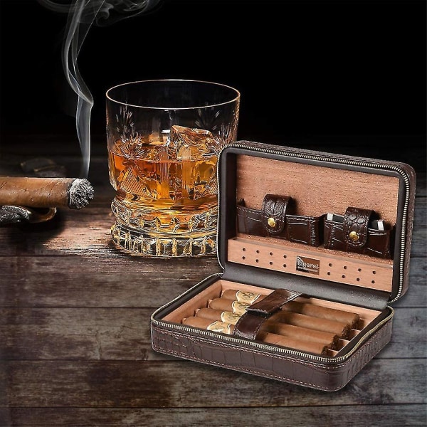 Ctmw Leather Travel Cigar Humidor Case, bærbart sedertre med luftfukter Luftfukter for 4 sigarer