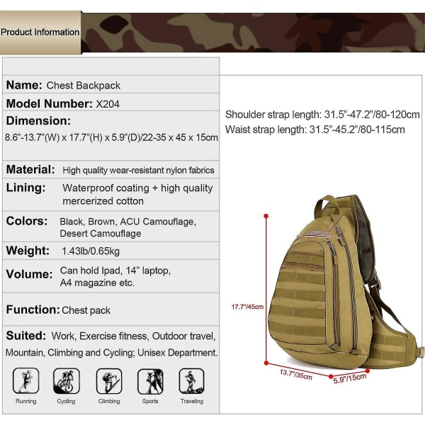 Taktisk brysttaske Militær skuldertaske Molle Triangle Pack Crossbody-taske Vandtæt Germ