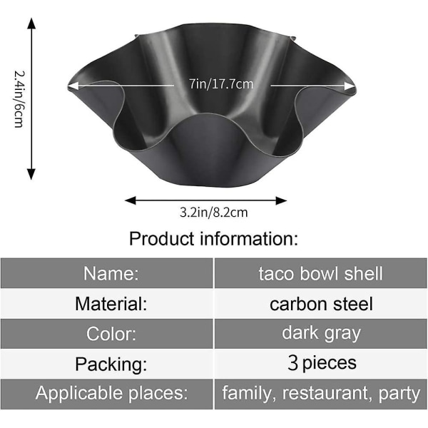3-pack Tortilla Maker Nonstick Taco Shell Maker Salladsskål Kolstål Molds för kök - svart, 6 tum (3)